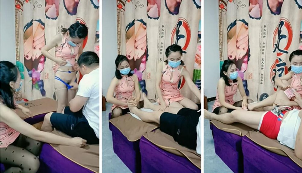 探花嫖王威哥養生館撩妹兩個剛入行的旗袍絲襪女技師砸錢誘惑兩個妹子下海一塊3P