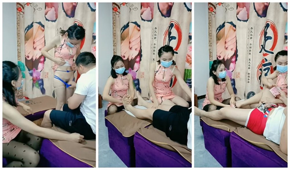 探花嫖王威哥養生館撩妹兩個剛入行的旗袍絲襪女技師砸錢誘惑兩個妹子下海一塊3P