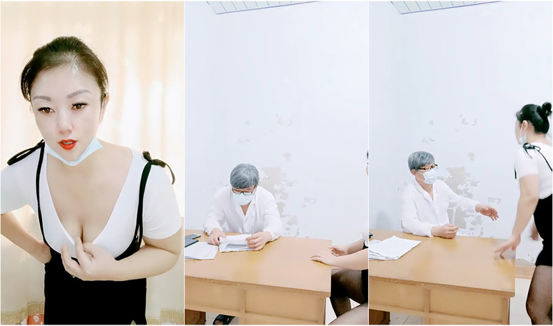 劇情演繹，豐滿中年婦女勾引民間老中醫，辦公桌上按住倆肥腿一頓爆艹