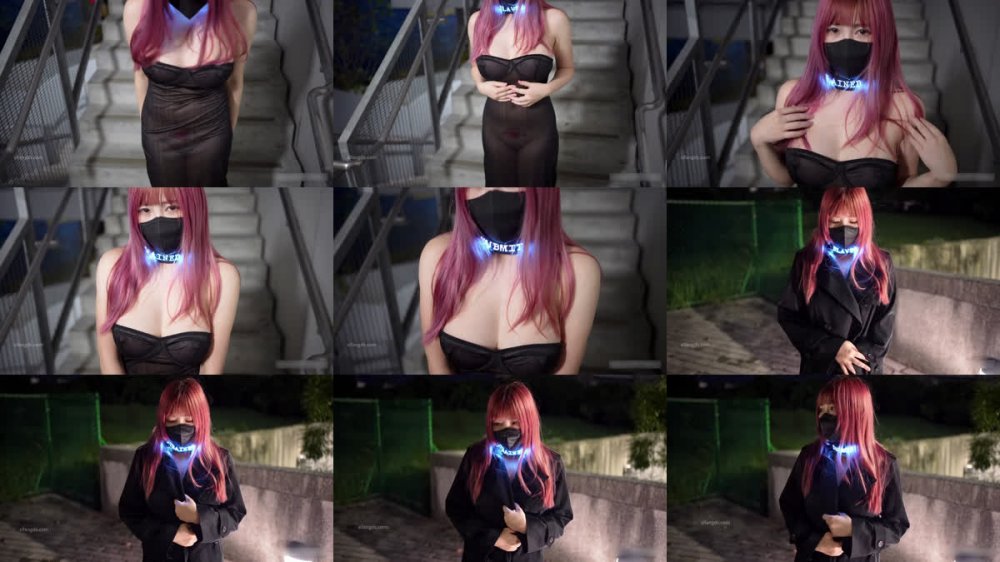 ⚫️9月新品，大波翹臀少女福利姬【小小Q】羞恥露出，LED項圈黑色透視洋裝